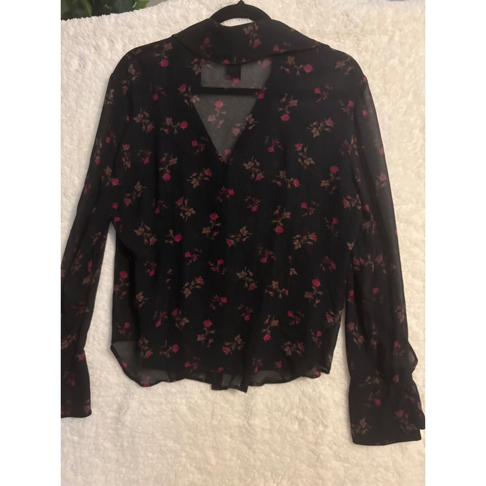 Vintage Y2K Express 100% Silk Sheer Floral Rose Button Blouse Navy Pink 11/12